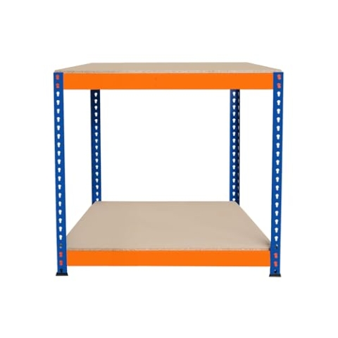 S-Rax 2-stufige Werkbank 90cm x 60cm x 90cm | 300kg/Regal & 6 verstärkte Stützbalken | Werkstatttisch Arbeitstisch | Stahl, Spanplatte & Gummifüße [Schraubenlos & Verstellbare Regalanordnung]