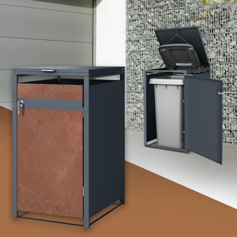 ML-Design Mülltonnenbox 1er für 1 Tonne 240L 68x80x116,3 cm, Anthrazit-Rostoptik, Stahl/Cortenstahl, Abschließbare Mülltonnenverkleidung Klappdeckel/Tür, Müllbox Mülltonnecontainer Mülltonnenabdeckung
