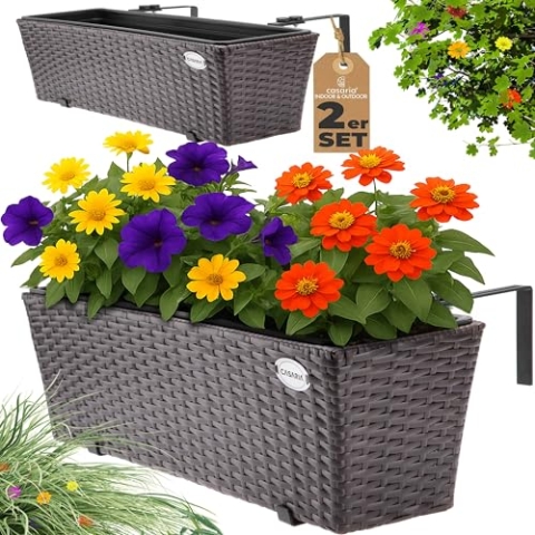 Casaria® Blumenkasten 2er Set 11 Liter Montagehalterung Indoor Outdoor Geländerkasten Balkonkasten Pflanzkasten braun