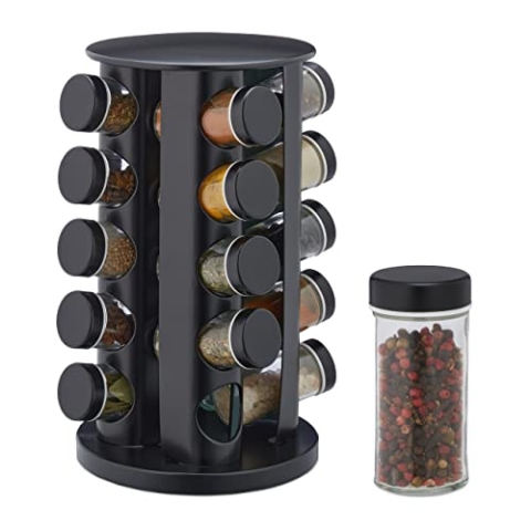 Relaxdays Gewürzkarussell mit 20 Gewürzdosen, inkl. Streueinsatz, drehbar, nachfüllbares Gewürzregal für Küche, schwarz