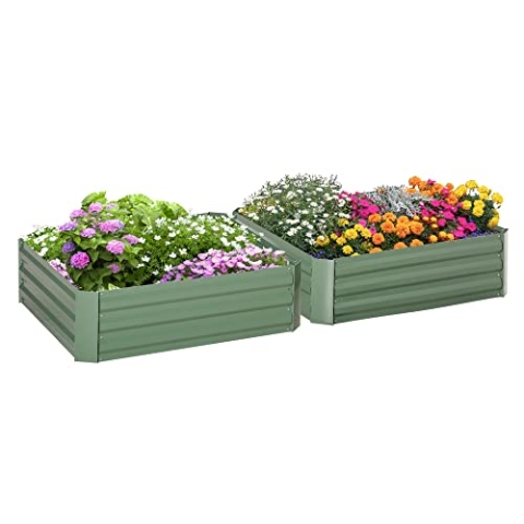 Outsunny Hochbeet Set, 2-TLG. Gartenbeet, Pflanzkasten, Blumenkasten, Pflanzkübel, Blumenkübel für Garten, Terrasse, Verzinkter Stahl, Grün, 100 x 100 x 30 cm