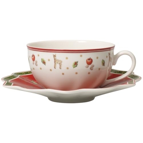 Villeroy & Boch Milchkaffeetasse, Untertasse, Hartporzellan, Weiß / Rot, 22 x 16 x 8 cm