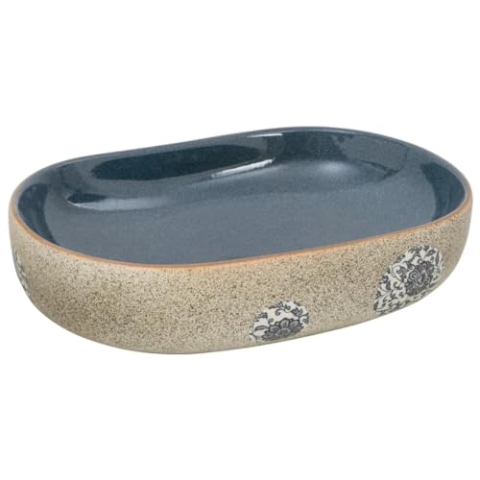 vidaXL Aufsatzwaschbecken, Oval Waschbecken mit Muster, Handgefertigt Waschtisch Waschschale für Badezimmer, Handwaschbecken Spülbecken, Sandfarben Blau 59x40x14 cm Keramik