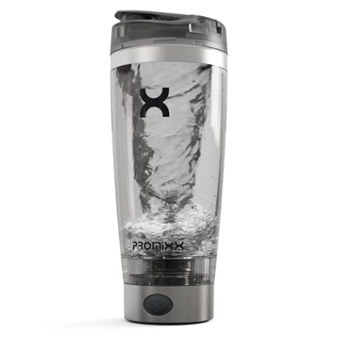 Promixx PRO Shaker Flasche – wiederaufladbar, leistungsstark für glatte Protein-Shakes, inklusive Nahrungsergänzungsaufbewahrung, BPA-frei, 600ml, Silber/Grau