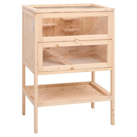 vidaXL Hamsterkäfig, Nagerkäfig mit Frontscheibe unterer Ablage, Kleintierkäfig Nagerstall Nagervilla, Mäusekäfig Nagerhaus, Massivholz Tanne