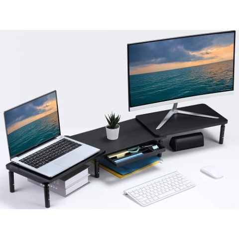 ETHU Dual-Monitor-Ständer, Doppelmonitor-Riser für Länge und Winkel Verstellbarer Desktop-Monitor-Regalständer Organizer mit Telefonhalter und Schublade, Bürozubehör, Höhenverstellbar