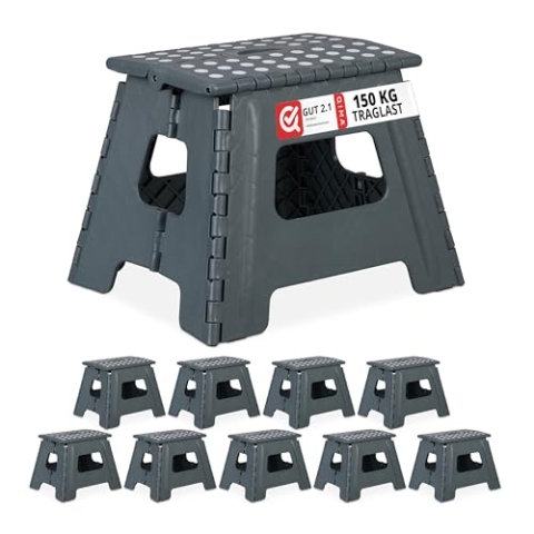 Relaxdays 10 x Klapphocker L, faltbar, tragbar, Reise Tritthocker, Kinder Badhocker, bis 120 kg, Kunststoff, H: 32,5cm, grau