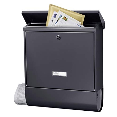 BURG-WÄCHTER Briefkasten mit Zeitungsfach und Namensschild, Verzinkter Stahl, Einwurf-Format DIN C4, 2 Schlüssel, AMZ 2500 ANT, Anthrazit (RAL 7016)