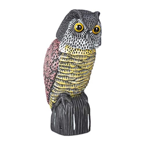 Relaxdays 4 x Vogelschreck Eule, mit Wackelkopf, stehende Dekofigur, Taubenschreck für Garten, Balkon, Terrasse, Mehrfarbig