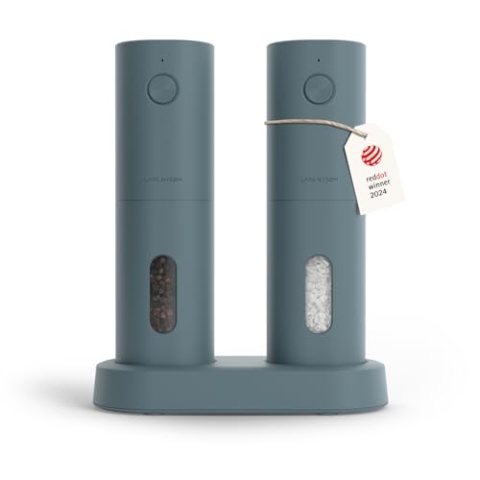 LARS NYSØM Salz und Pfeffer Mühle Elektrisch 2er Set mit einstellbarem Keramik-Mahlwerk von grob bis fein I Design Gewürzmühlenset Automatisch (2 Stück) (Stone Blue)