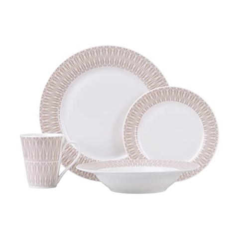 Maxwell & Williams II0114 Dinner-Set 16-tlg – Porzellanmit verziertem Rand – Zenith, Teller & Tassen, Beige, Geschenkbox