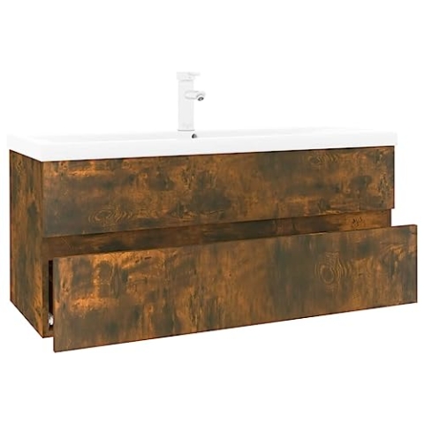 vidaXL Waschbeckenschrank mit Einbaubecken Räuchereiche Holzwerkstoff, Waschbecken Unterschrank, Badezimmerschrank, Waschtischunterschrank