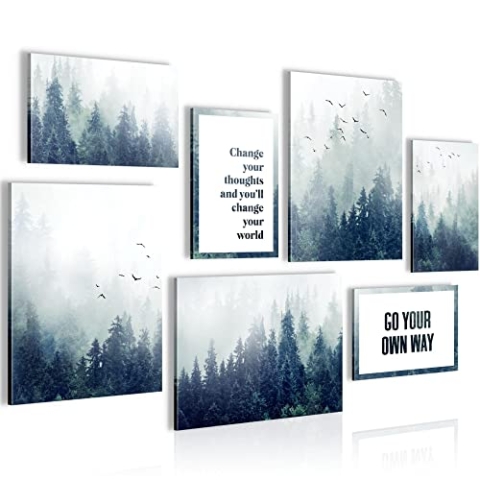Novart Wandbilder Wald im Nebel - KOMPLETT AUFHÄNGFERTIG - mit Spruch Wohnzimmer Schlafzimmer - 7 Moderne Mood-Bilder - N018671a