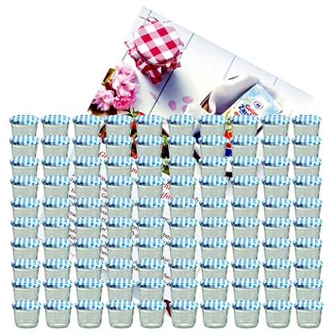 MamboCat 100er Set Sturzglas 230 ml Marmeladenglas Einmachglas Einweckglas To 82 blau karierter Deckel incl. Diamant-Zucker Gelierzauber Rezeptheft