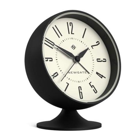 NEWGATE® "Spheric Semi-Dome-Retro-Wecker in schwarzem Soft-Touch-Silikon-Finish und leiser Schwungbewegung mit digitalem Alarmton.