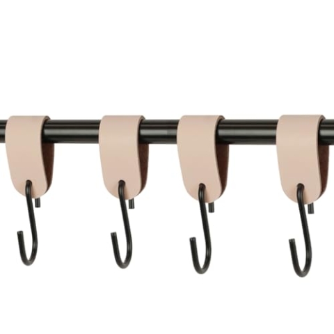 Handles and More - 4 x S Haken für Kleiderstangen - Naturlich - Größe L - für max. Durchmesser 49mm - Kleiderhaken mit Lederschlaufe - Garderobenhaken aus echtem Leder - Fleischerhaken für Garderobe