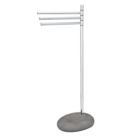 WENKO Handtuchständer Pebble Stone Grey mit 3 Armen - Kleiderständer, bewegliche Arme, Stahl, 38 x 84 x 23 cm, Chrom, Natur