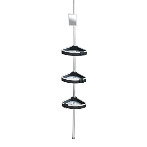 WENKO Teleskop-Duschecke Wave - Teleskop Badregal, Duschregal höhenverstellbar mit 3 Ablagen und Spiegel, Aluminium, 27 x 70-260 x 20 cm, Silber, 260 x 20 x 27 cm