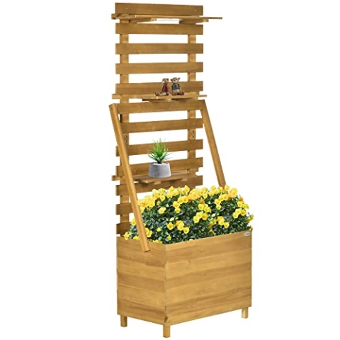 Outsunny Hochbeet mit Rankgitter, Pflanzkasten mit 3 Ablagen, Blumenkasten mit Rankhilfe, für Kletterpflanzen, Garten, Terrasse, aus Holz, Braun, 63 x 39 x 160 cm