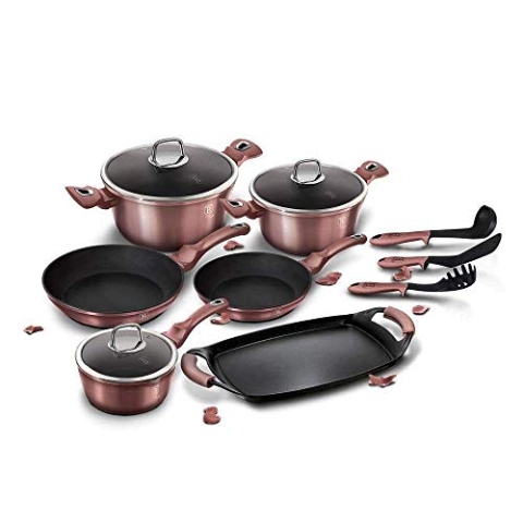 BerlingerHaus Haus I-Rose Kochtopf Set Induktion 12-Teiliges, Antihaft Titan PFOA-frei, Aluminium, 2 Töpfe 1 Stielkasserolle Glasdeckeln 2 Bratpfannen 1 Grillplatte 3 Küchenutensilien, Modernes Design, BH-6044, Rosa
