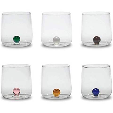 Zafferano Bilia Glasbecher - Handgemachtes Transparent Glas, Verziert mit bunter Glaskugel im Inneren, cl 44 h 90mm d 88mm - Set 6 Stück - Farblich Sortiert