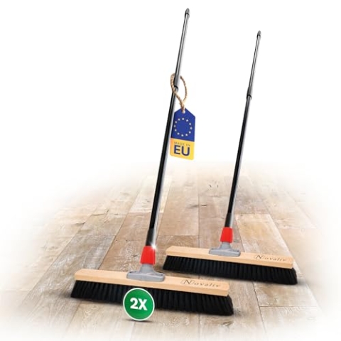 Novaliv 2X Rosshaarbesen mit Stiel 50 cm I Teleskopstiel ausziehbar I Rosshaar schwarz I Saalbesen breit Kehrbesen Haushaltsbesen Werkstattbesen Besen Balkon