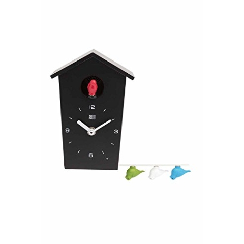 KOOKOO Birdhouse Mini Schwarz, Design Kuckucksuhr mit 12 Vogelstimmen oder Kuckuck
