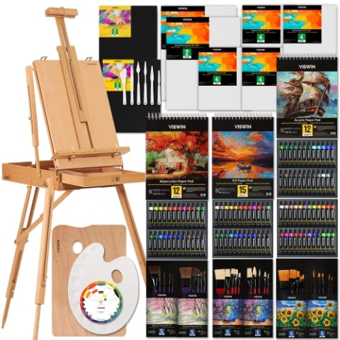 VISWIN Alles in einem Künstlermalset, 147-teiliges professionelles Malset mit Kofferstaffelei, 96 Öl-, Aquarell- und Acrylfarben-Set, Leinwand, Pinsel, Palette, Malset für Erwachsene
