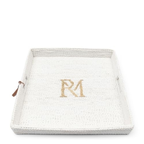 Riviera Maison Tablett quadratisch Weiß Rattan mit Griffen dekoratives Tablett, Handgeflochten - RM Monogram Tray - (LxBxH) 50x50x7.5