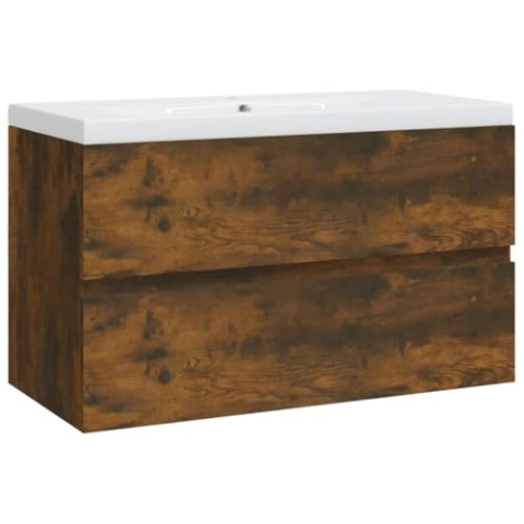 vidaXL Waschbeckenschrank mit Einbaubecken Räuchereiche Holzwerkstoff, Unterschrank, Badezimmerschrank, Badmöbel, Waschbeckenunterschrank
