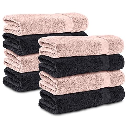 Komfortec 8er Handtücher 50x100 cm Set aus 100% Baumwolle, Frottee, Weich, Schwarz/Rosa