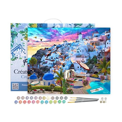 Figured'Art Malen Nach Zahlen Erwachsene Mit Rahmen Santorini - Paint by Numbers Basteln DIY Bastelset 40x50cm Leinwand gespannt auf Holzrahmen