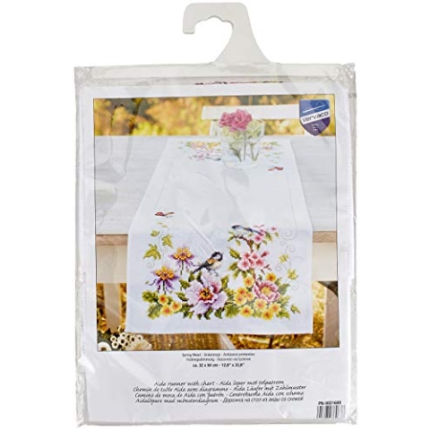 VERVACO Stickpackung Tischläufer Zählmusterpackung Kreuzstich Frühlingsstimmung Stickläufer zum Selbersticken Bastelset Handwerker Kreativ Set für Erwachsene 32 x 84 cm Kreatives Geschenk