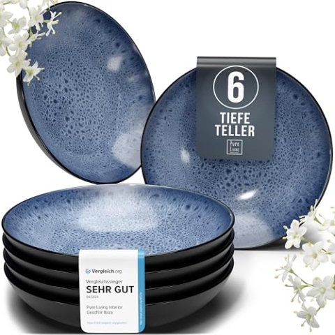 Steingut Suppenteller 6 Pers. Ibiza Hochwertiges Mediterranes TEST SEHR GUT Steingut Tiefe Teller Set - Kratzfest, Für Spülmaschine, Mikrowelle - Pasta Teller Tief Groß - Pure Living in Tiefblau