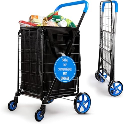 SereneLife Einkaufstrolley Klappbar & Treppensteiger, Einkaufswagen- aus Metall, Shopping Trolley- 50Kg mit Schwenkbare Räder, Hackenporsche, Robuste Sackkarre, Shopping Cart- mit Abnehmbarem Liner