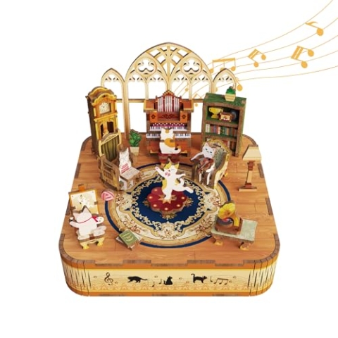 Tonecheer Spieluhr Holz 3D Puzzle, Katzenfamilie DIY Modellbausatz für Erwachsene, Drehbare Musikbox, Holzpuzzle Geschenke zur Hausdekoration Geschenk für Geburtstag Weihnachten Teenager