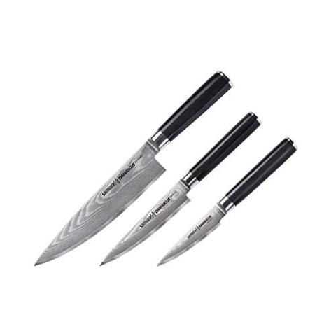 Samura DAMASKUS 3er-Messer Set in eleganter Geschenkbox: Schäl-, Allzweck- und Kochmesser aus hochwertigem japanischem Stahl für professionelle Küchenliebhaber.