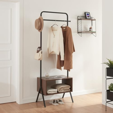 [en.casa] Garderobenständer Averøy Kleiderregal mit Kleiderstange Kleiderständer mit Ablage und 4 Haken Freistehende Flurgarderobe aus Stahl 180x74x42cm Schwarz/Walnuss