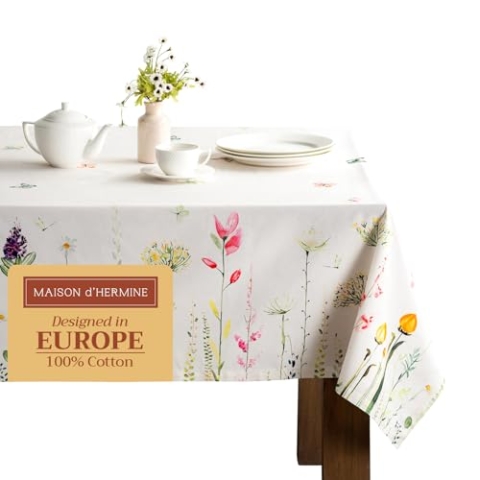 Maison d' Hermine Tischdecke, 100% Baumwolle, 160cm x 220cm dekorative Tischdecke, waschbar, quadratisch, Ostertischdecken für Essen, Buffetpartys und Hochzeiten, Botanical Fresh – Frühling/Sommer