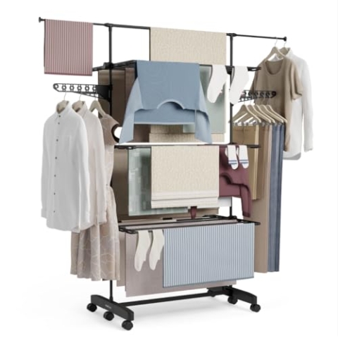 NEWLUX- Wäscheständer ausziehbar Fold Care V60 XXL Schwarz mit Rollen, 5 Doppelebenen und 18–21 m Wäscheleine. Clothes Drying Rack mit Halterung für Kleiderbügel und 1,5 m Lange Kleidungsstücke