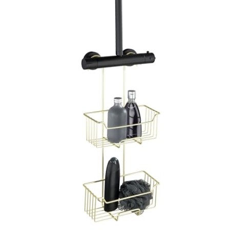 WENKO Thermostat-Dusch-Caddy Mod. Milo, 2 Etagen, Duschregal zum Hängen an die Armatur, Ablage aus Edelstahl (rostfrei), 25 x 55 x 14 cm, Gold
