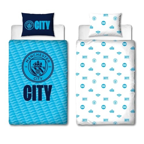 MANCHESTER CITY FC Character World Offizielles Bettwäsche-Set für Einzelbett, Crestcol-Design, wendbar, 2-seitig, Fußball-Bettwäsche, offizielles Merchandise-Produkt, inkl. passendem Kissenbezug