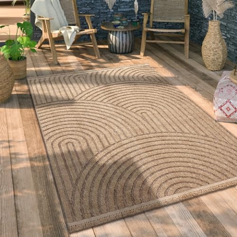 Paco Home Hochwertiger Outdoor Teppich Wetterfest & Pflegeleicht Jute-Sisal-Optik mit Fransen & Hoch-Tief-Effekt Langlebig für Terrasse, Balkon, Garten & Küche, Grösse:160x220 cm, Farbe:Beige 3