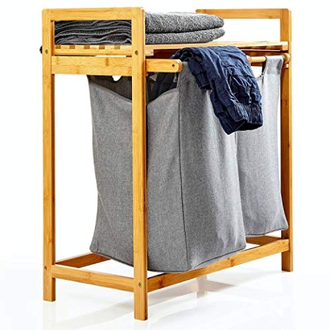 Bambuswald© Wäschekorb Bambus mit 2 Ausziehbaren Wäschesäcken aus Bambus - Regal für Bad & Schlafzimmer ca. 73x64x33cm | Wäschekorb Regal Wäschesortierer Badezimmer Standwäschekorb Aufbewahrung