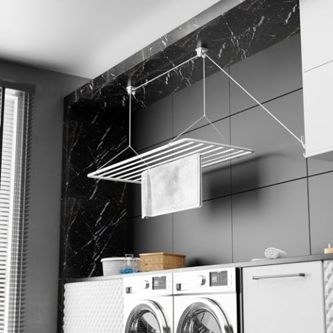 Erica Eric Deckentrockner ERIC 70x50cm, Wäscheständer für die Decke mit 5.6 Meter Trocknungsoberfläche, Vertikal Zusammenklappbar 2.5 Meter, Metall mit PVC-freier Kunststoffbeschichtung, Weiß