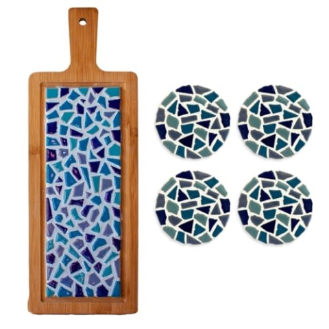 Little Creations - DIY Mosaik Bastelset Erwachsene Blau | 1x Servierplatte & 4x Untersetzter | Komplettes Set aus Mosaiksteinen und Holz | Selbst gestalten und basteln
