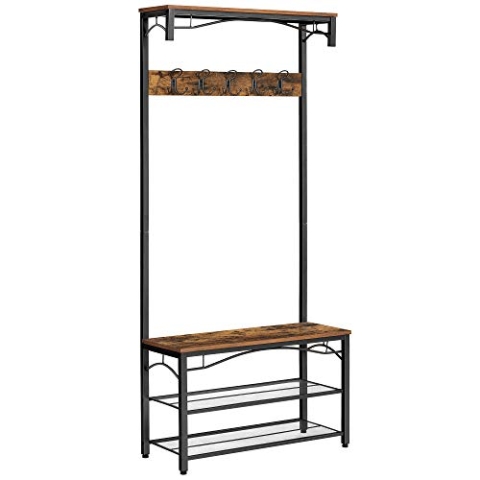 VASAGLE Garderobenständer, Eingangsmöbel, mit oberem Brett, Schuhregal, Bank und 5 Doppelhaken, Metallrahmen, 80 x 32 x 178,5 cm, Industriestil, rustikales Braun und Schwarz HSR45BX