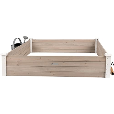 WONDERMAKE® Große Hochbeet-Umrandung aus Holz für Garten Terrasse, Pflanzbeet Bausatz XL quadratisch, Blumenbeet Kräuterbeet Beetumrandung niedrig deko, 120 x 120 x 26,5 cm, weiß grau anthrazit