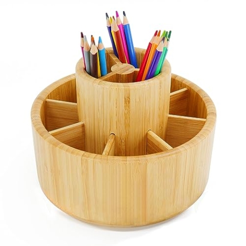 Utoplike Bamboo Desk Organizer, große Kapazität Pen Holder Lagerung für Bleistifte, Farbstifte, Pinsel, 360 Grad drehbar Büro Veranstalter, Holz Farbe