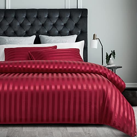 Damier Bettwäsche 200x200cm Satin Rot gestreift Bettwäsche Set 3-teilig glatt glänzend hochwertiges Luxus Bettbezug mit verdecktem Reißverschluss und 2 Kissenbezüge 80 × 80 cm, 200 x 200 cm